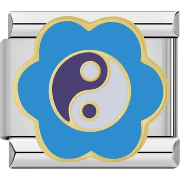 Blue flower-shaped design featuring a purple and white yin-yang symbol Italian charm bracelet link