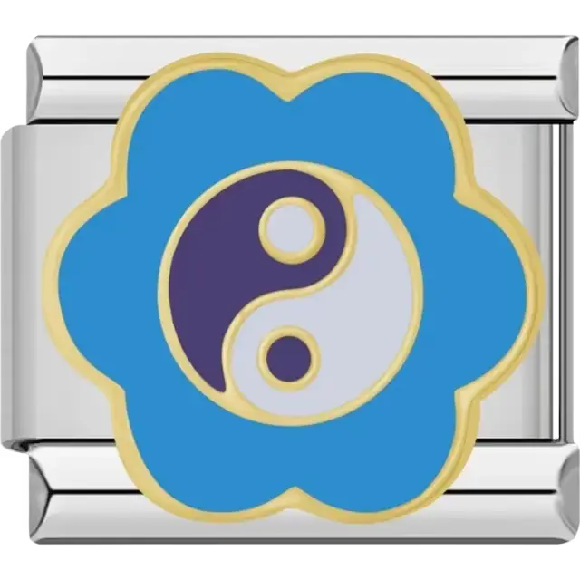 Blue flower-shaped design featuring a purple and white yin-yang symbol Italian charm bracelet link