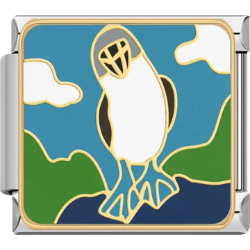 White and brown blue-footed booby on green hills with blue sky and white clouds Italian charm bracelet link