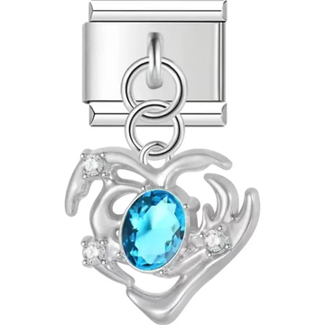 Heart with oval blue gem and crystal accents dangle Italian charm bracelet link