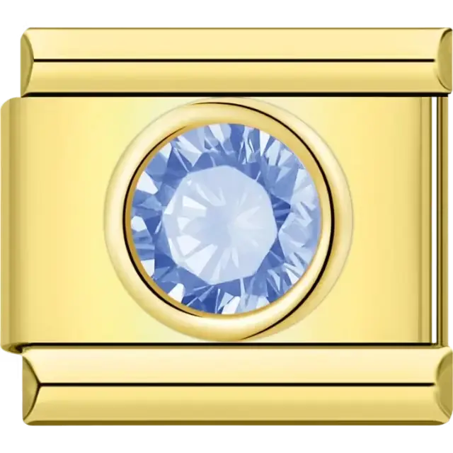 Round blue gemstone framed in gold-tone detail Italian charm bracelet link