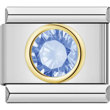 Round blue gemstone framed in gold-tone detail Italian charm bracelet link