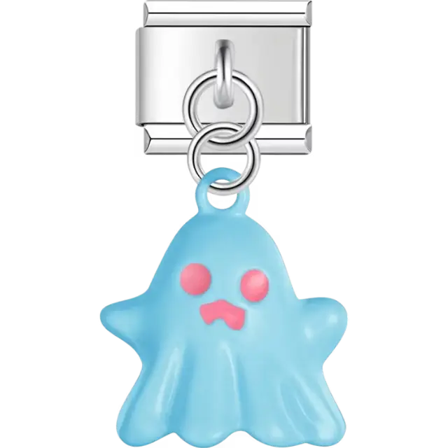 Blue ghost with pink eyes and mouth detail Italian charm bracelet link