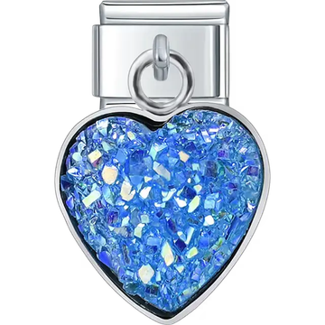 Heart-shaped dangle filled with sparkling blue glitter Italian charm bracelet link