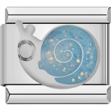 White snail with blue glitter spiral shell Italian charm bracelet link