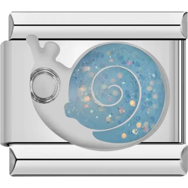 White snail with blue glitter spiral shell Italian charm bracelet link