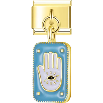 Blue enamel rectangle with white hamsa hand eye symbol and gold trim Italian charm bracelet link