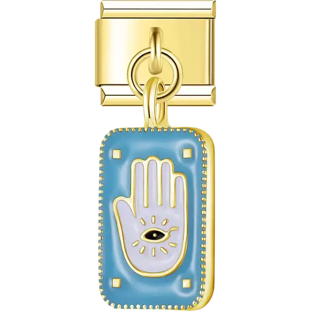 Blue enamel rectangle with white hamsa hand eye symbol and gold trim Italian charm bracelet link