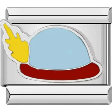 Light blue hat design with a red brim and yellow feather Italian charm bracelet link