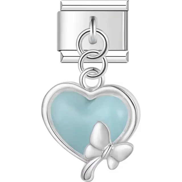 Blue heart with silver butterfly accent Italian charm bracelet link