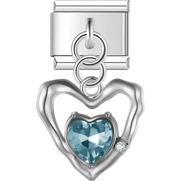 Open heart with blue gemstone center and small clear crystal accent dangle Italian charm bracelet link