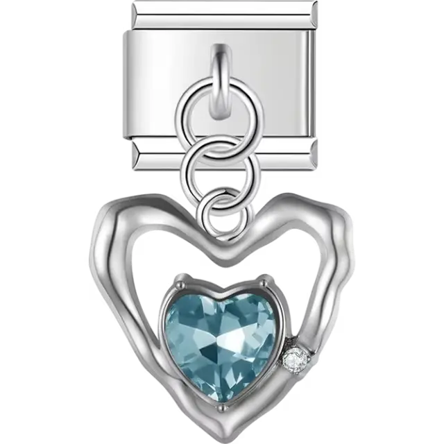 Open heart with blue gemstone center and small clear crystal accent dangle Italian charm bracelet link