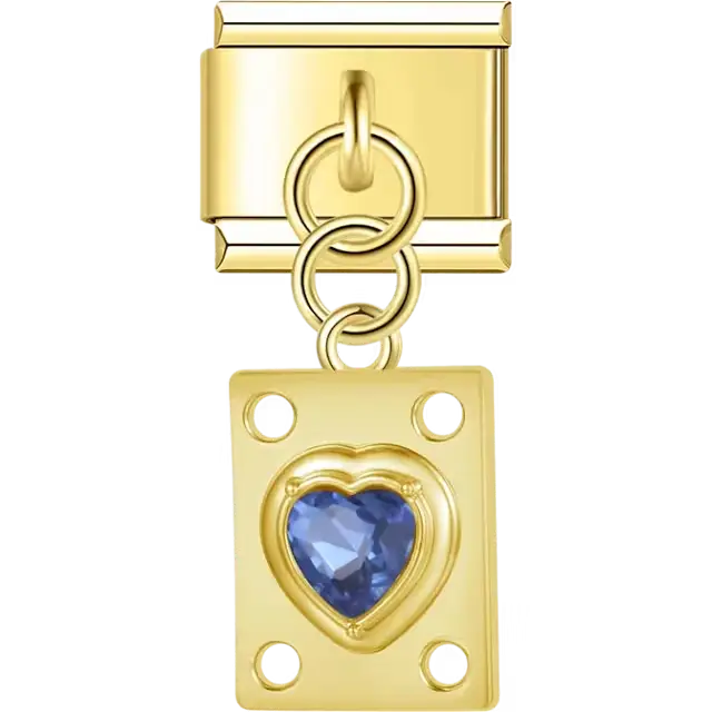 Blue heart gemstone on rectangular shape with circular cutout accents Italian charm bracelet link