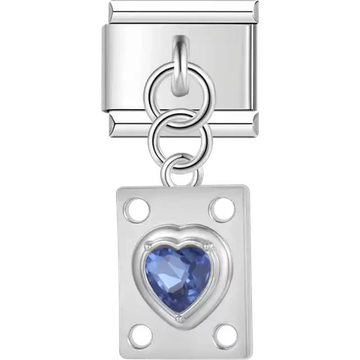 Blue heart gemstone on rectangular shape with circular cutout accents Italian charm bracelet link