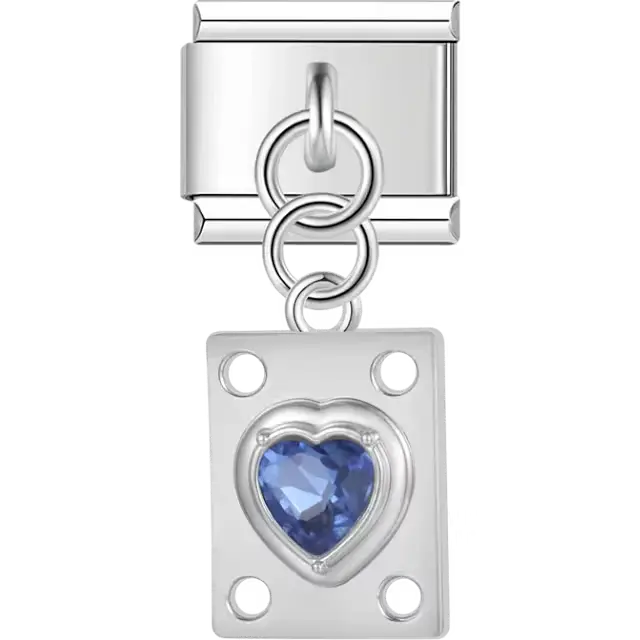 Blue heart gemstone on rectangular shape with circular cutout accents Italian charm bracelet link