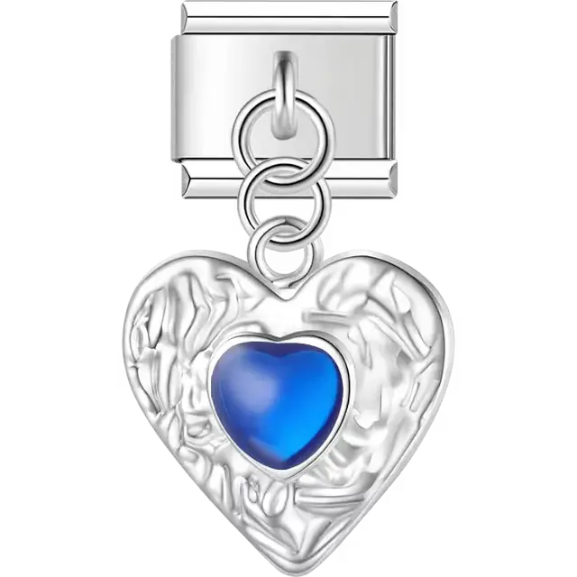 Textured heart with blue heart center dangle Italian charm bracelet link