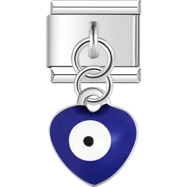 Dangle blue heart evil eye with white center Italian charm bracelet link