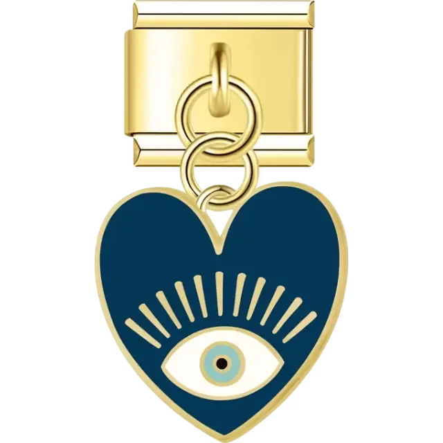 Blue heart-shaped dangle with a centered evil eye and gold-tone rays Italian charm bracelet link