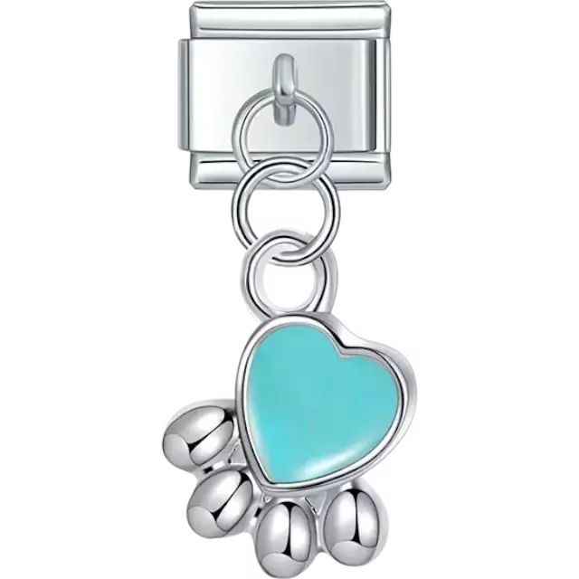 Turquoise heart with silver paw dangle design Italian charm bracelet link