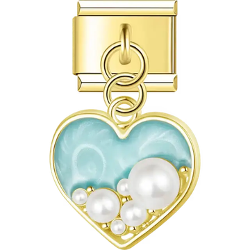 Gold outline heart with light blue enamel and assorted pearls dangle Italian charm bracelet link