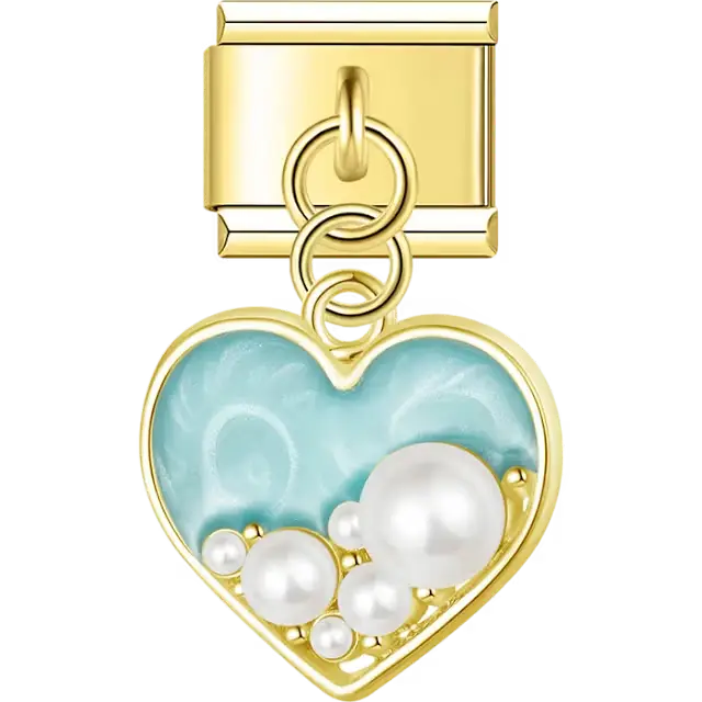 Gold outline heart with light blue enamel and assorted pearls dangle Italian charm bracelet link