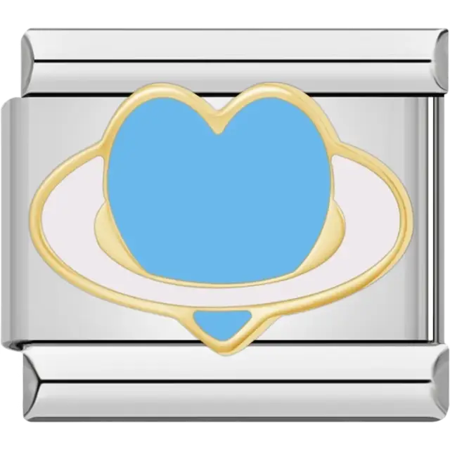 Blue heart with white and gold planet rings Italian charm bracelet link