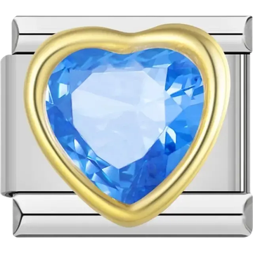 Blue heart-shaped stone with gold border Italian charm bracelet link