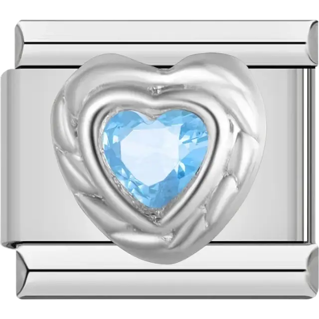 Blue heart-shaped stone with silver border Italian charm bracelet link