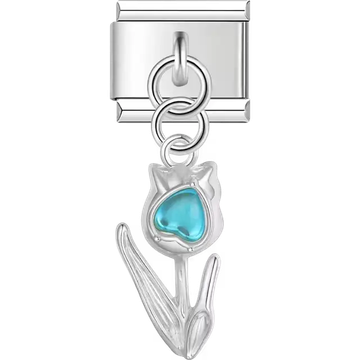 Tulip with blue heart center dangle Italian charm bracelet link