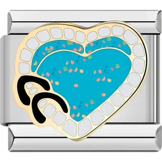 Blue heart with colorful speckles and detailed frame Italian charm bracelet link