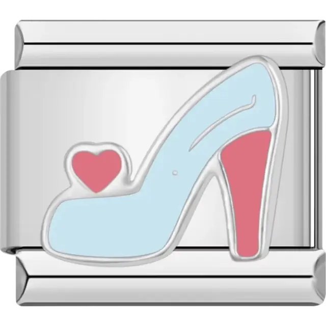 Stylish blue high heel shoe with a pink heart and red sole Italian charm bracelet link