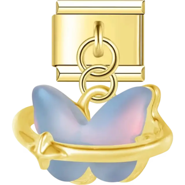 Blue iridescent butterfly encased in a circular frame Italian charm bracelet link