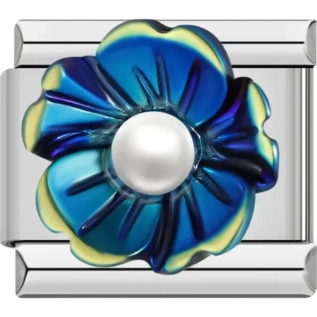 Blue iridescent flower with pearl center Italian charm bracelet link