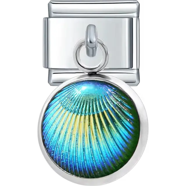 Round blue iridescent shell dangle Italian charm bracelet link