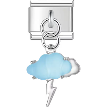 Blue and silver cloud with silver lightning bolt dangle Italian charm bracelet link