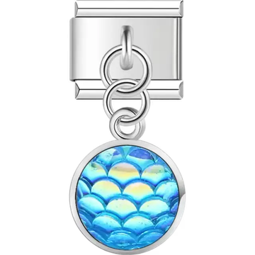 Dangle blue mermaid scale pattern with iridescent shimmer Italian charm bracelet link
