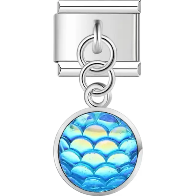Dangle blue mermaid scale pattern with iridescent shimmer Italian charm bracelet link