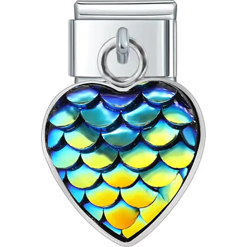 Heart-shaped dangle with blue and yellow iridescent mermaid scale pattern Italian charm bracelet link