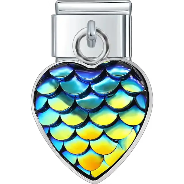 Heart-shaped dangle with blue and yellow iridescent mermaid scale pattern Italian charm bracelet link