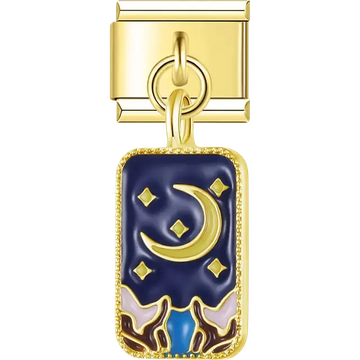 Blue enamel rectangle with gold crescent moon stars and colorful landscape Italian charm bracelet link