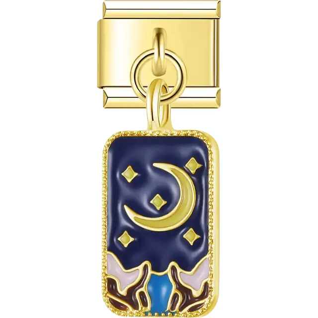 Blue enamel rectangle with gold crescent moon stars and colorful landscape Italian charm bracelet link