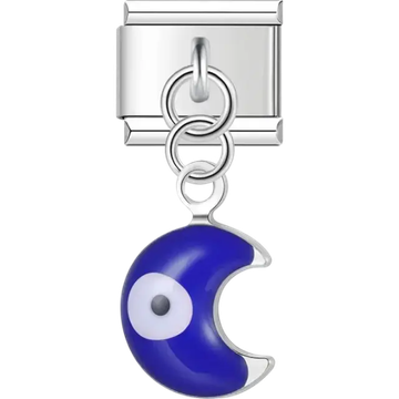 Blue crescent moon with evil eye dangle Italian charm bracelet link