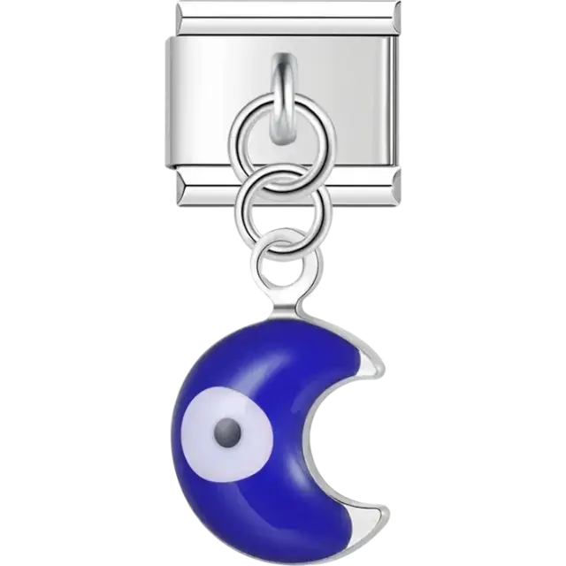 Blue crescent moon with evil eye dangle Italian charm bracelet link