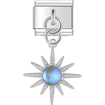 Blue moonstone center starburst textured rays Italian charm bracelet link