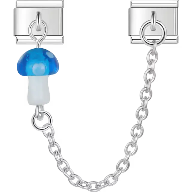 Blue mushroom with polka dots dangle safety chain Italian charm bracelet link