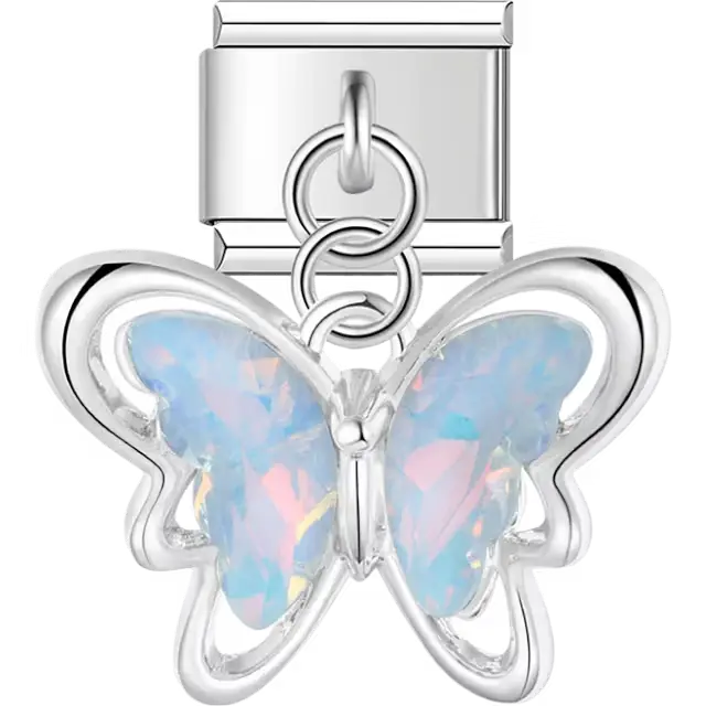 Iridescent blue opal butterfly dangle Italian charm bracelet link