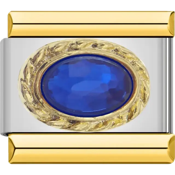 Blue oval faceted stone with gold braided border Italian charm bracelet link