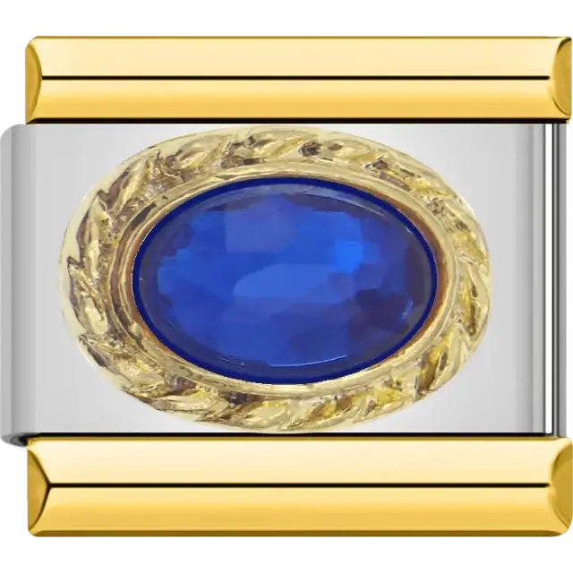 Blue oval faceted stone with gold braided border Italian charm bracelet link