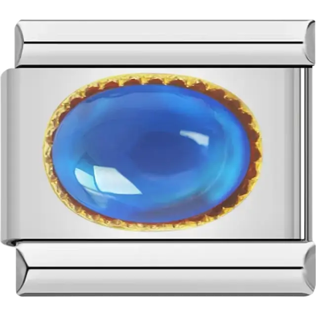 Blue oval gemstone in a gold bezel Italian charm bracelet link