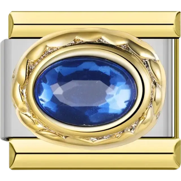Blue oval gemstone with gold trim Italian charm bracelet link